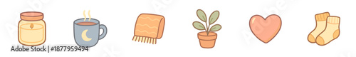 Cozy items collection featuring a candle, steaming mug, blanket, potted plant, heart, and socks, perfect for illustrating warmth and comfort.