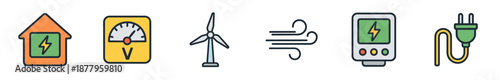 Energy icons collection showcasing electricity, smart home, and renewable power solutions for sustainable future and environmental protection