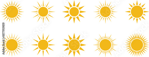 Set of stylized suns icons radiating light and warmth in various geometric shapes summer energy concept for weather forecast graphic design projects and positive inspirational themes vibrant vector il