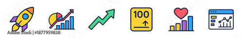 Startup business analytics icons illustrating various aspects of growth, progress, and achievement in a modern, vibrant collection.