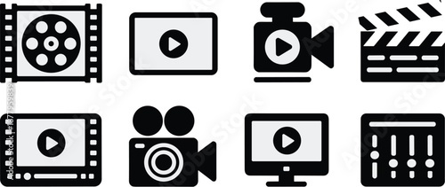 Collection of black vector video icons representing film production and multimedia content creation movie making equipment and video editing tools for digital media marketing advertising and entertain