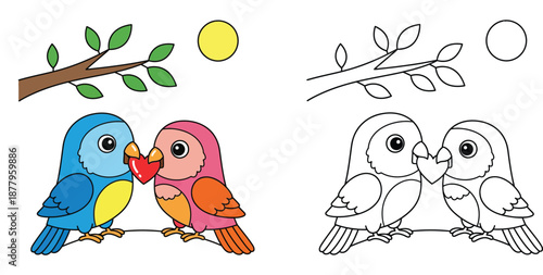 Cute cartoon parrots holding heart coloring page vector illustration for valentine day and kids education.