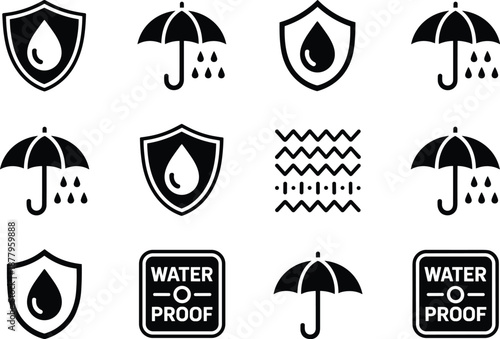 Waterproof vector icon set with umbrella shield and water wave symbols protection from rain and moisture for clothing fabric and outdoor gear product materials design for engineering technology and pr
