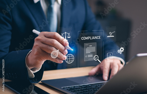 businessman reviewing compliance and legal regulations through digital interface, governance, risk management, audit process and corporate policy control concept with modern business technology