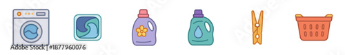 Various laundry items and supplies are neatly arranged in a colorful collection of household cleaning and clothing care icons, representing daily chores and domestic tasks.