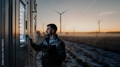 Technician checking numeric status panel at battery storage wind farm.