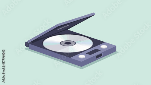 Isometric purple portable CD player open with a shiny disc inside on a light blue background