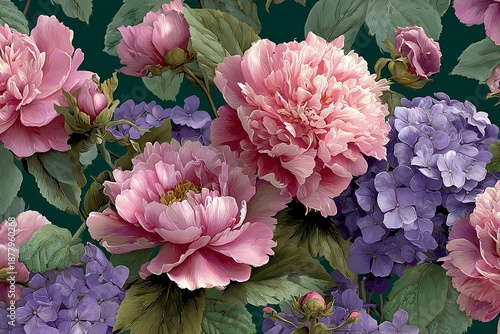 Elegant, chic, vintage seamless repeatable pattern featuring layered pink peonies and purple hydrangeas in deep green background
