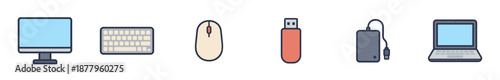 Computer peripherals and electronic devices are essential tools for modern digital work, communication, and data storage, depicted as a set of colorful icons.
