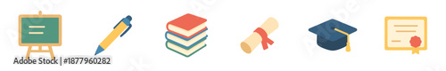 Vibrant set of flat design education and learning icons, featuring essential academic symbols like books, a graduation cap, a diploma scroll, and a chalkboard.