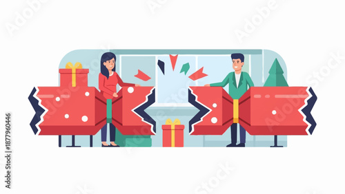 Joyful couple pulls apart a giant Christmas cracker, revealing gifts