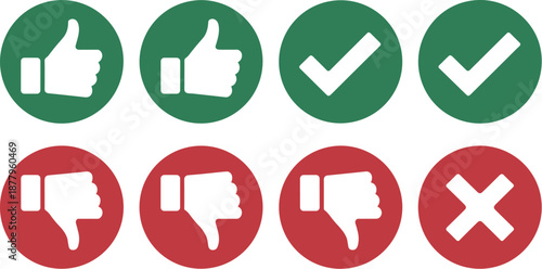 Green checkmarks and thumbs up approval icons versus red cross and thumbs down disapproval icons for website feedback forms customer satisfaction surveys and opinion polls on social media marketing an