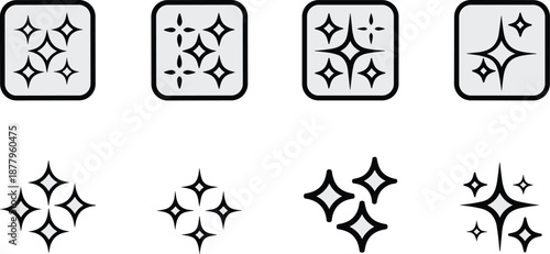 Sparkling starburst icon set representing cleanliness and shine, ideal for product enhancement and visual appeal in graphic design and user interface projects, symbolizing freshness and quality for ma