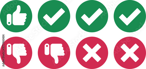 Checkmark Thumbs Up and Cross Thumbs Down Icons Feedback Approval and Rejection Symbols in Green and Red Circles for User Interface Design Website Graphics Mobile App Buttons Voting System Interface 2