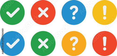 Colorful check mark cross question mark and exclamation point icons set for ui design and web elements confirmation error help information alert symbol in modern flat design style for business present