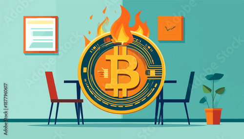 Large Bitcoin symbol engulfed in flames sits on a table between two chairs, with a framed document and chart on the wall