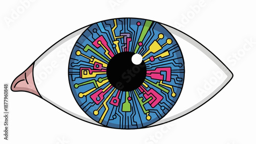 Futuristic eye with digital circuit patterns in iris