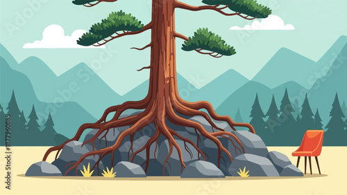 Large tree roots exposed on rocky ground, with a chair nearby