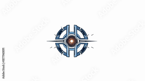 Futuristic metallic radial emblem with glowing orange center and blue accents