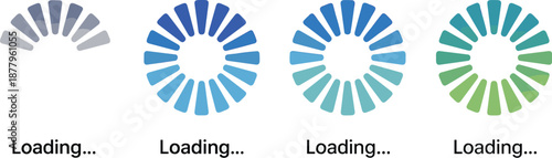 Circular loading animation icons showing progress bar on white background for website development application interface design user experience data transfer process system update indicator technology