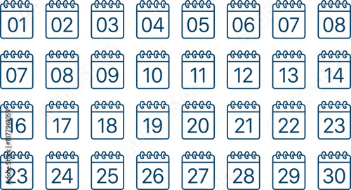 Calendar date line icon set with numbered days 1 to 30 for monthly scheduling, planning, and time management interfaces