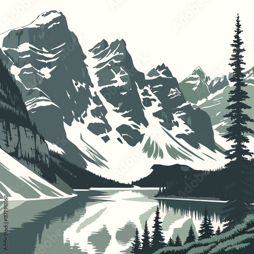 Snow covered mountains overlooking still lake with trees