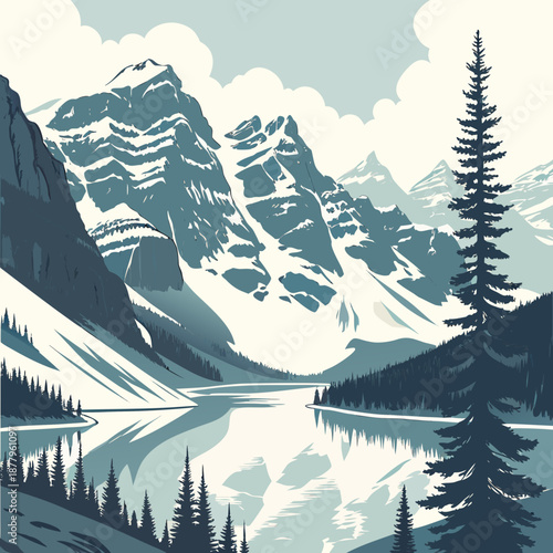 Snowy mountain cliffs beside calm glacier lake with pine trees