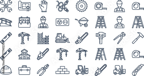 Construction and building tools line icon set with equipment, machinery, safety gear, workers, and construction site symbols