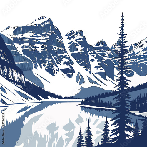 Snowy mountain cliffs mirrored in calm blue lake with pine trees 1