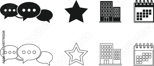 Set of business icons including speech bubbles, star, office building and calendar, minimalist communication and organization symbols, isolated on white,