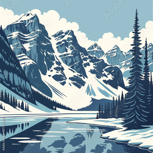 Snowy mountain landscape with lake and trees snowy mountains 1