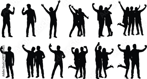 Set of silhouettes of people taking selfies with smartphones, friends celebrating, group of happy people, social media, photography, isolated,