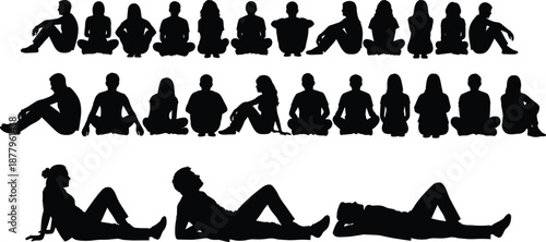 Set of silhouettes of people sitting on floor and lying down, diverse men and women group, relaxation, waiting, isolated,