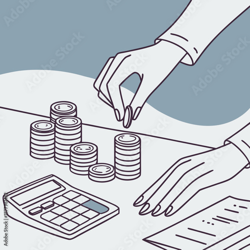 Human hands stacking coins beside calculator finance