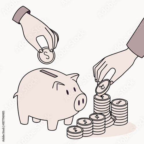 Human hands putting coins into piggy bank and stacking coins