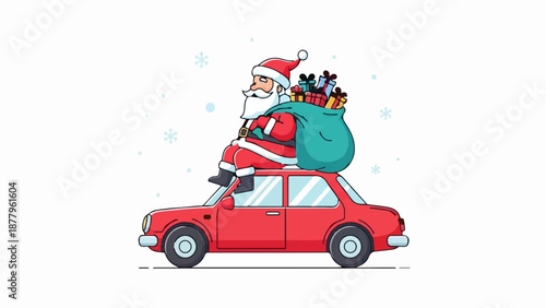 Festive Santa Claus rides on a red car roof, carrying a sack of gifts and surrounded by snowflakes