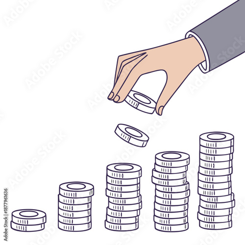 Hand arranging coin stacks coins money finance