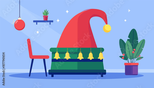 Festive scene with a large elf hat adorned with bells, a red chair, and plants