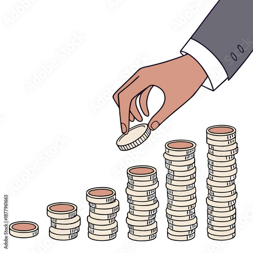 Hand stacking coins in ascending order money