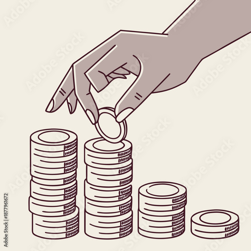 Hand placing coin on stack of coins money finance