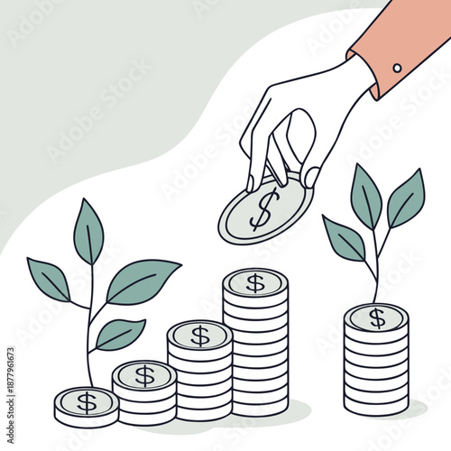 Hand placing dollar coin near stacks of coins with growing plants