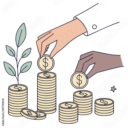 Hands placing dollar coins on stacks with growing plant
