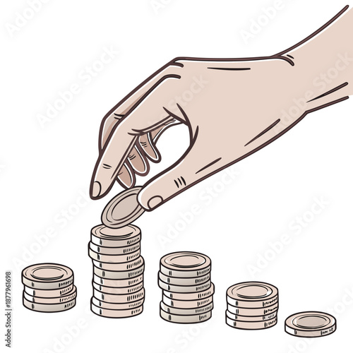 Human hand stacking metallic coins into piles