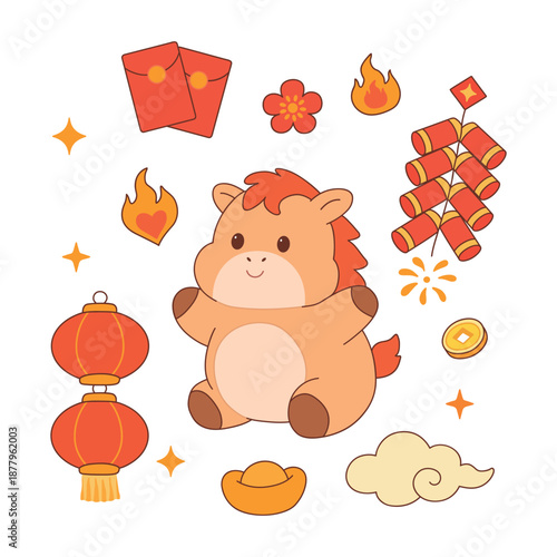Cute Chinese New Year sticker sheet, the Horse of Fire theme vector illustration. Playful Chinese New Year elements such as lanterns, red envelopes, firecrackers, coins, clouds, and floral.