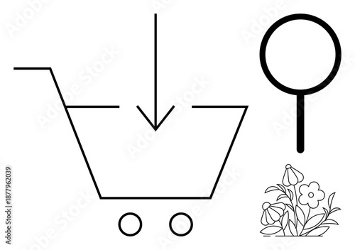 E-commerce, online shopping, search features, retail business, digital marketing, nature theme. A shopping cart with arrow, magnifying glass and flowers. E-commerce and online shopping concept