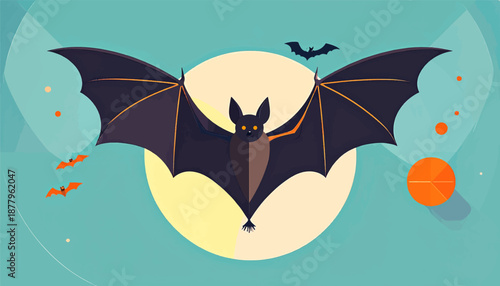 Flat illustration of a large bat with spread wings in front of a pale yellow circle against a teal background