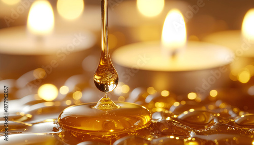 Macro close up of golden honey or oil dripping from dipper with candle