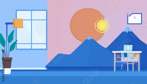Flat illustration of a desk with a laptop, potted plant, window, and mountains