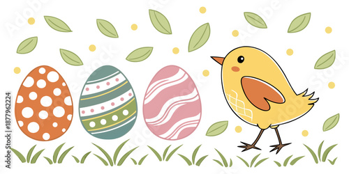 A colorful set of seamless vector Easter eggs with floral patterns and cute bunny designs lies nestled in the green spring grass for a nature-themed holiday celebration illustration