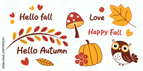 Vector illustration set of autumn leaves and harvest elements featuring pumpkins, gourds, and apples for seasonal Thanksgiving and Halloween holiday designs
